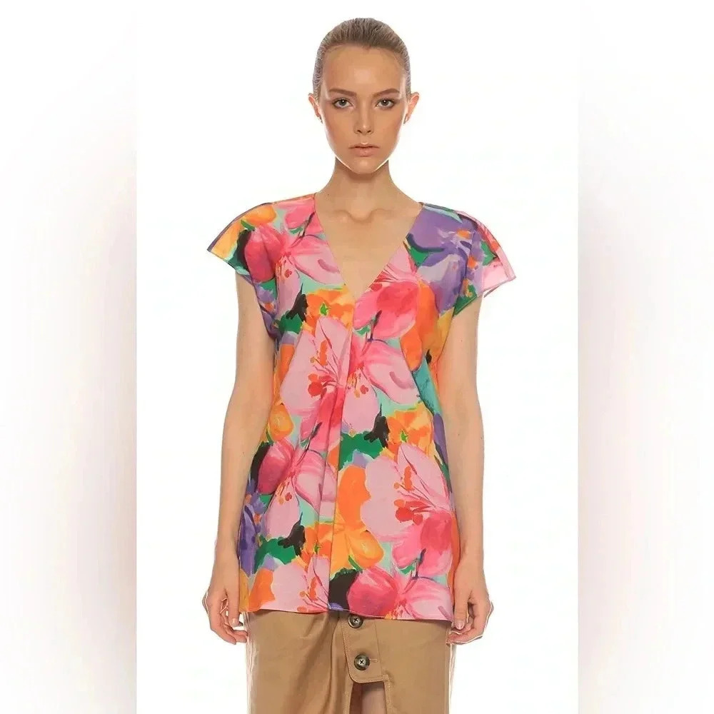 Lauren Ralph Lauren Andreya Satin Floral Blouse Pink Orange Tropical V-Neck S